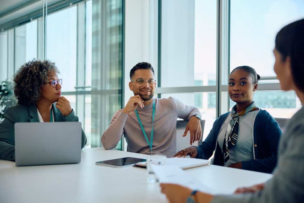 group of employees talking